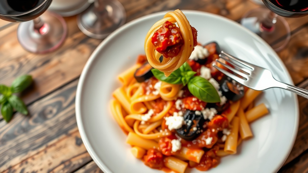 Classic Pasta alla Norma Recipe A plate of Pasta alla Norma with tomato sauce and eggplant, garnished with ricotta salata and basil.